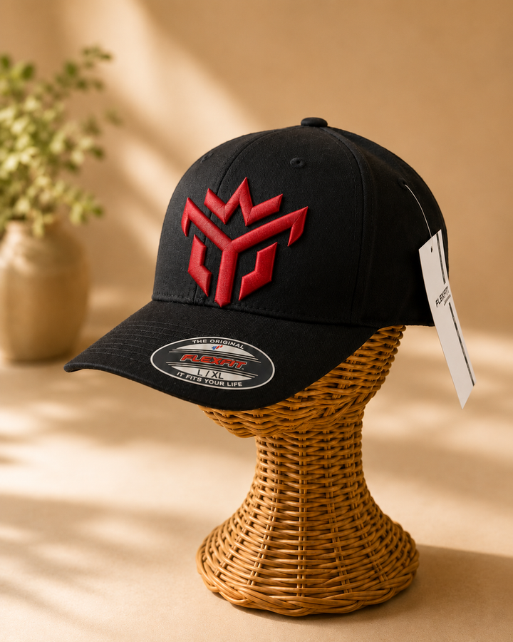🔴⚔️ Blood Vanguard – Crown Vanguard · Red puff · Black Solid Flexfit | Hand Finished in Dubai | EmbroMania