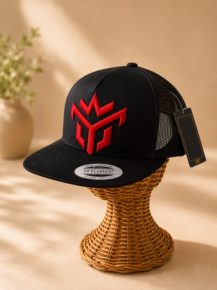 🔴🖤 Crimson Crown – Crown Vanguard · Red puff · Black Flat Trucker | Hand Finished in Dubai | EmbroMania