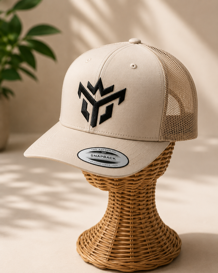 🏜️⚔️ Desert Vanguard – Crown Vanguard · Black puff · Sand Beige Retro Trucker | Hand Finished in Dubai | EmbroMania