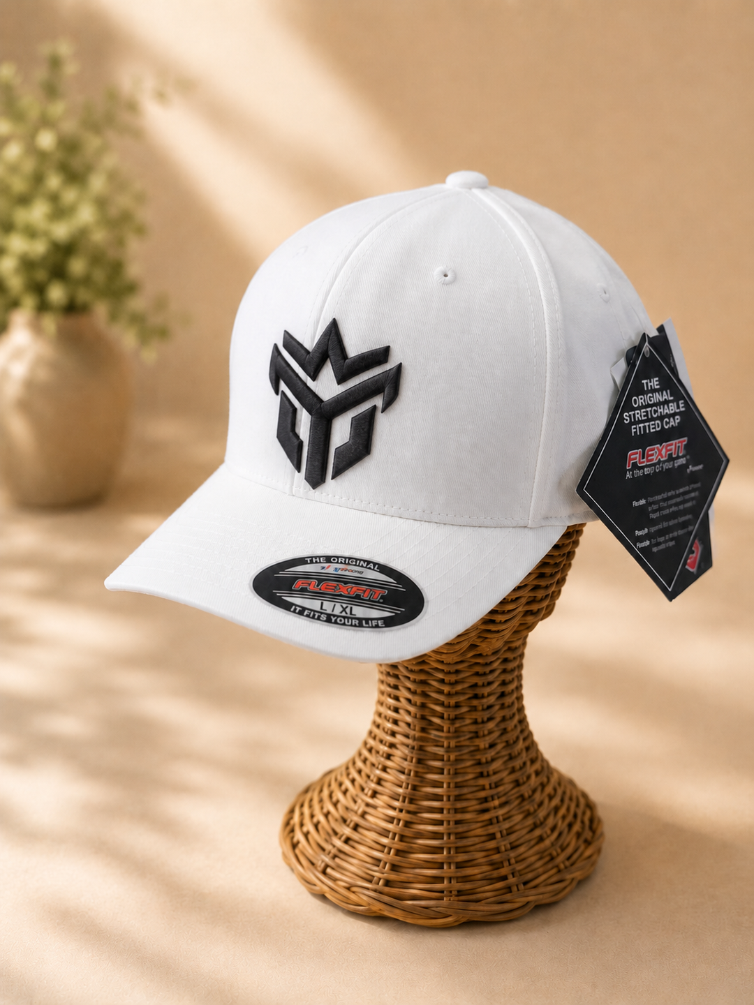 🖤☁️ Ivory Crown – Crown Vanguard · Black puff · White Solid Flexfit | Hand Finished in Dubai | EmbroMania