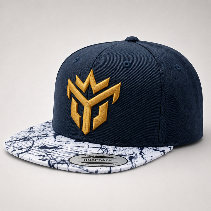 🌊✨ Marble Crown – Crown Vanguard · Gold puff · Navy Crown &amp; Marble Brim Snapback | Hand Finished in Dubai | EmbroMania