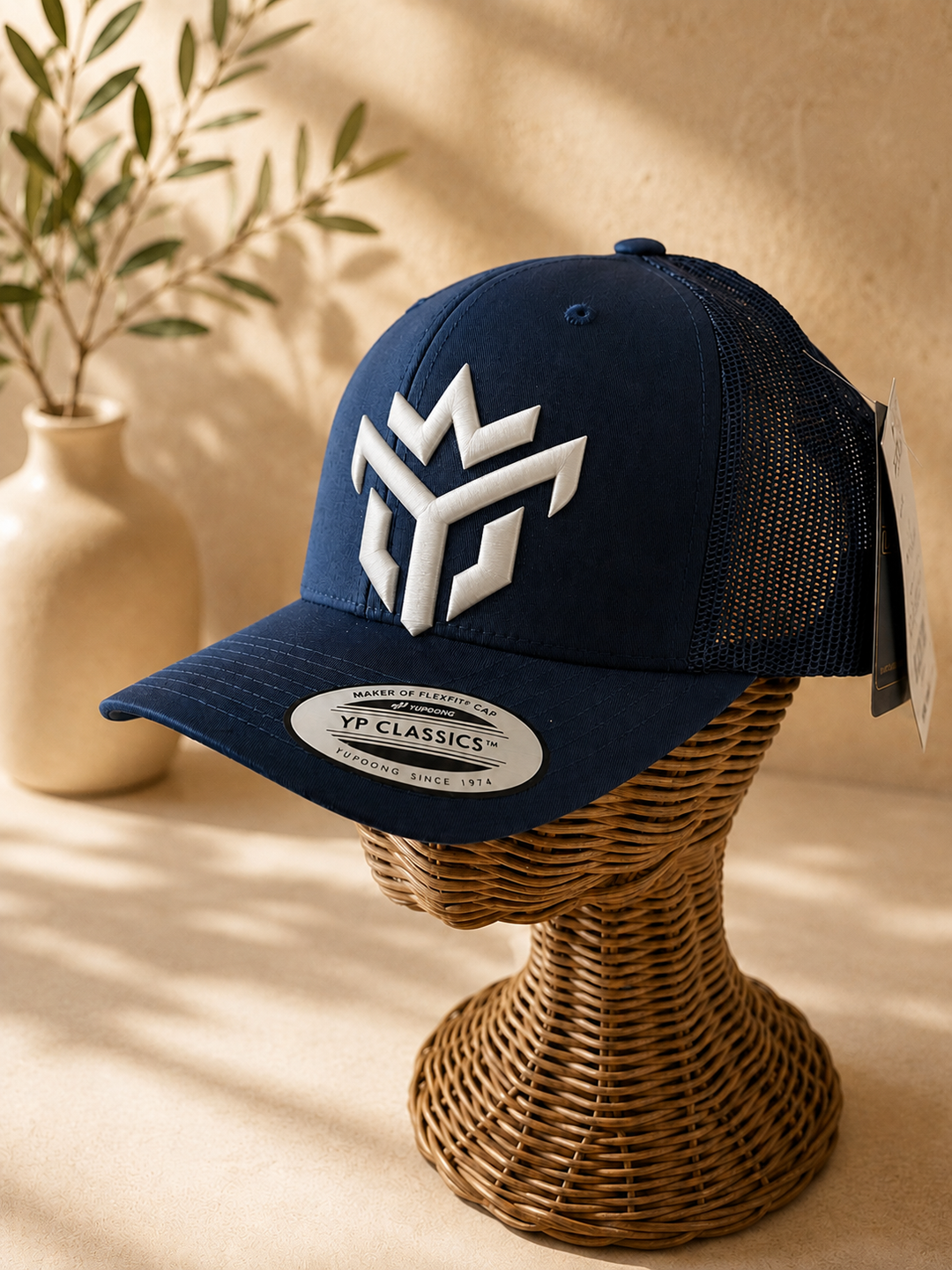 🌊⚔️ Phantom Vanguard – Crown Vanguard · White puff · Dark Navy Curved Trucker | Hand Finished in Dubai | EmbroMania