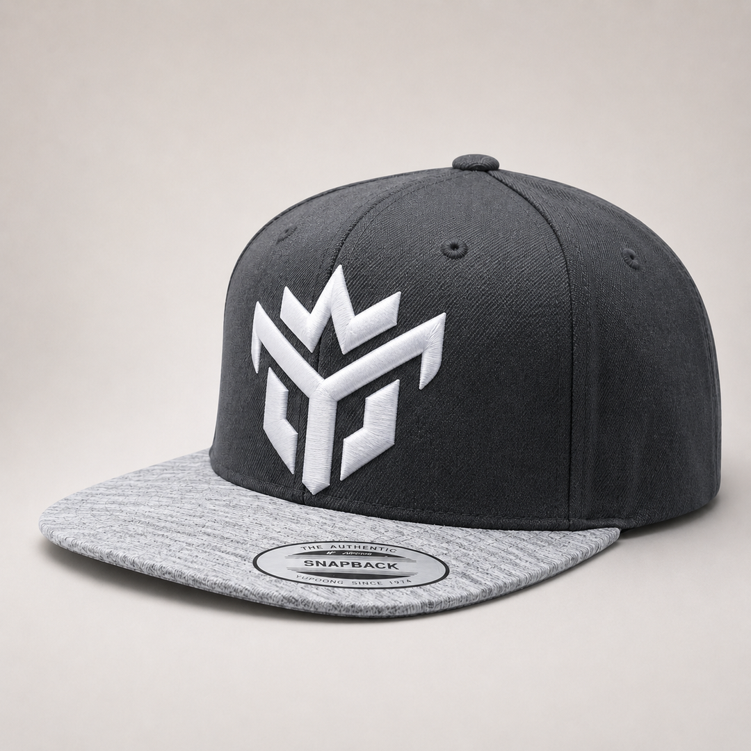 🌫️☁️ Slate Crown – Crown Vanguard · White puff · Charcoal & Heather Grey Snapback | Hand Finished in Dubai | EmbroMania