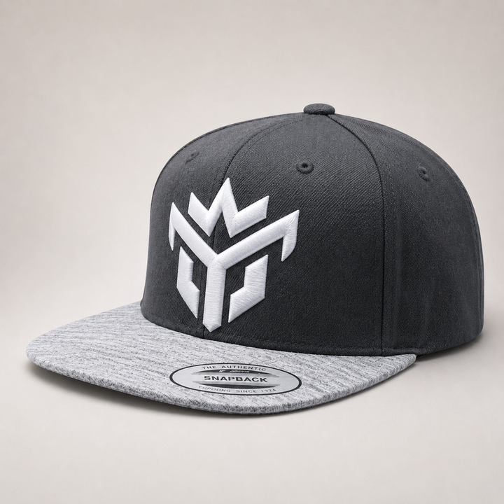 🌫️☁️ Slate Crown – Crown Vanguard · White puff · Charcoal &amp; Heather Grey Snapback | Hand Finished in Dubai | EmbroMania