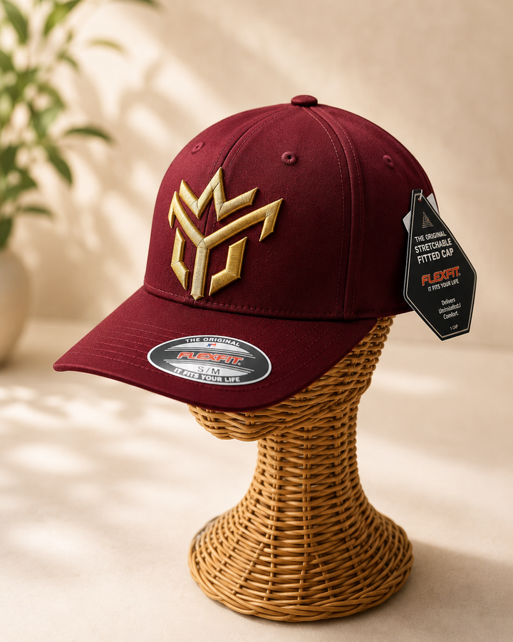 🍷✨ Wine Crown – Crown Vanguard · Gold puff · Burgundy Flexfit Curved | Hand Finished in Dubai | EmbroMania