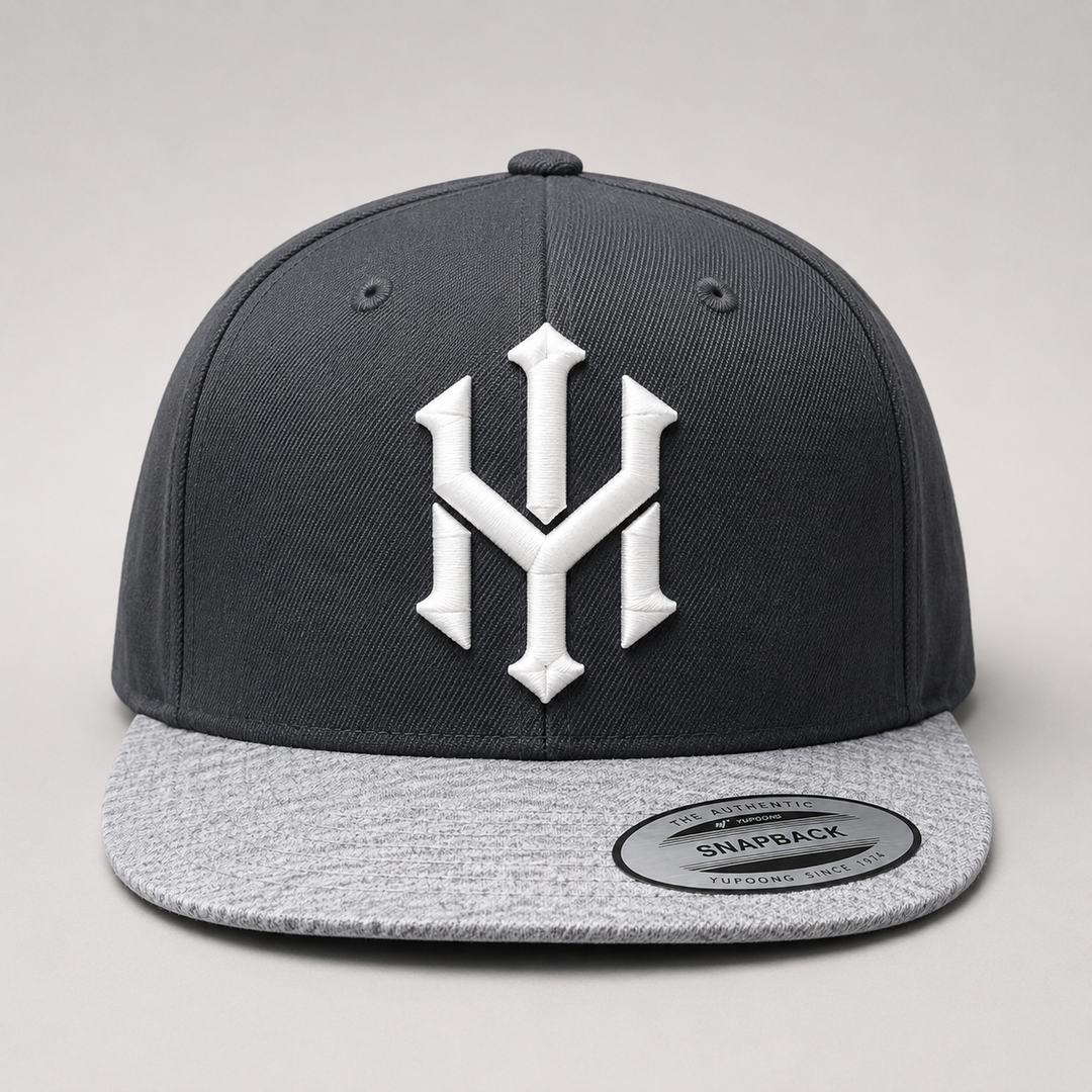 ⚡🌫️ Ash Reign – Crownlock YM Monogram · White 3D puff · Charcoal &amp; Heather Grey Snapback · Hand Finished in Dubai | EmbroMania