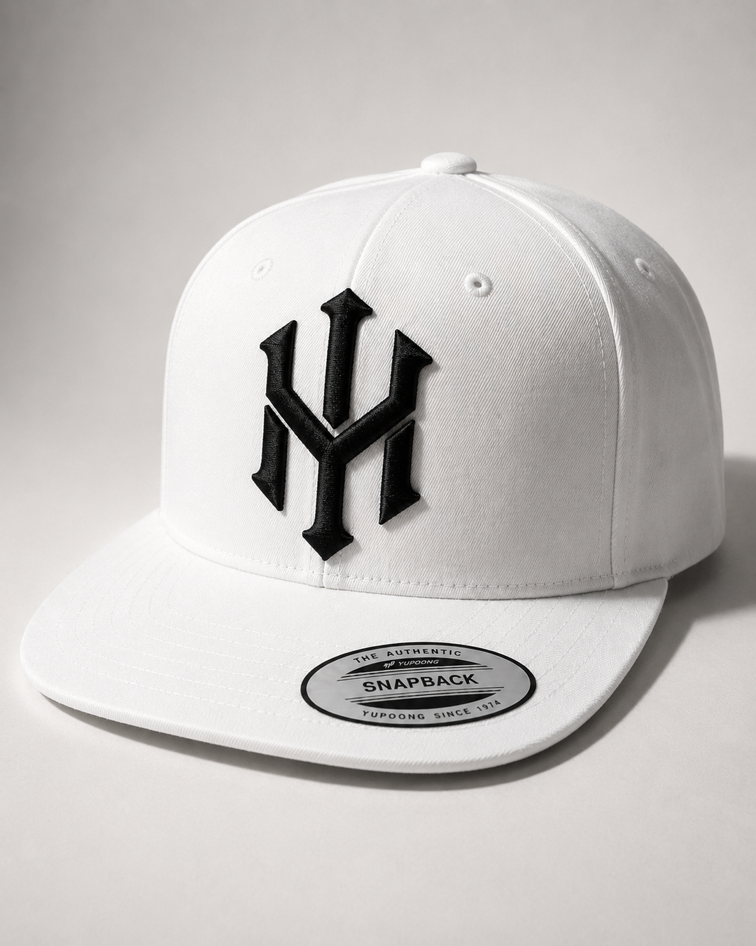 🤍⚡ Blanc Strike – Crownlock YM Monogram · Black 3D puff · All White Structured Snapback · Hand Finished in Dubai | EmbroMania