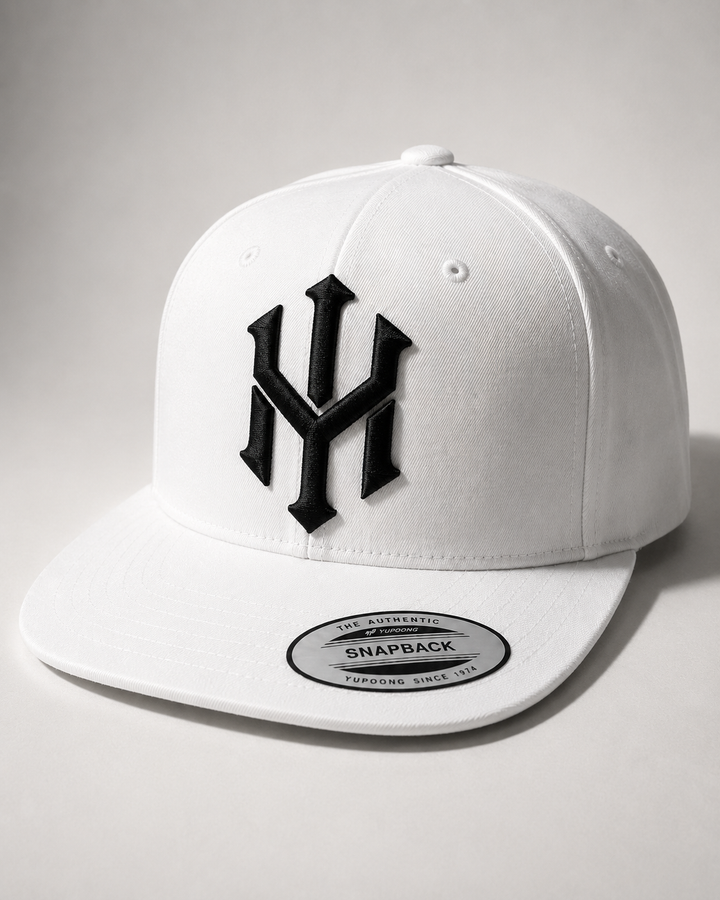🤍⚡ Blanc Strike – Crownlock YM Monogram · Black 3D puff · All White Structured Snapback · Hand Finished in Dubai | EmbroMania