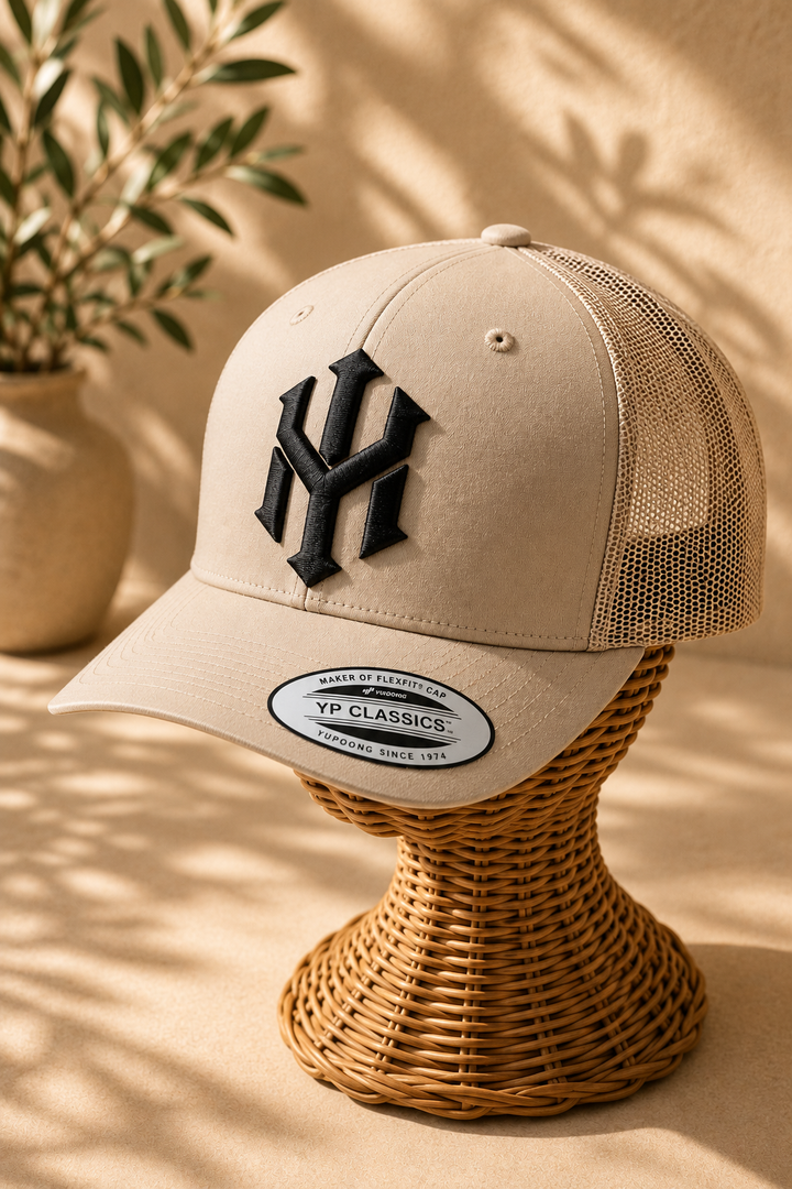 🏜️🖤 Desert Noir – Crownlock YM Monogram · Black 3D puff · Sand Beige Retro Trucker YP Classics · Hand Finished in Dubai | EmbroMania