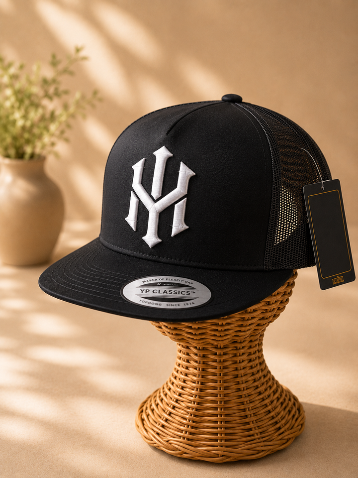🖤⚡ Midnight Ghost – Crownlock YM Monogram · White 3D puff · Black Flat Trucker YP Classics · Hand Finished in Dubai | EmbroMania