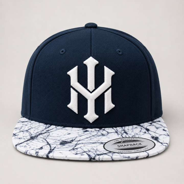 🌊🤍 Midnight Marble – Crownlock YM Monogram · White 3D puff · Navy Crown &amp; Marble Brim Snapback · Hand Finished in Dubai | EmbroMania