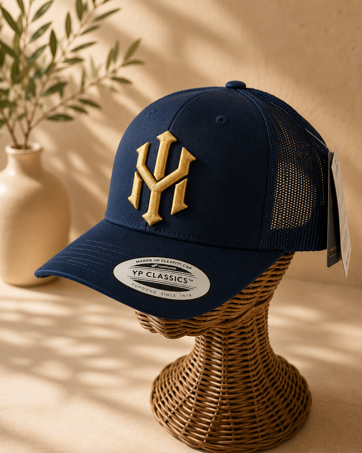🌊👑 Navy Prestige – Crownlock YM Monogram · Gold 3D puff · Dark Navy Curved Trucker YP Classics · Hand Finished in Dubai | EmbroMania