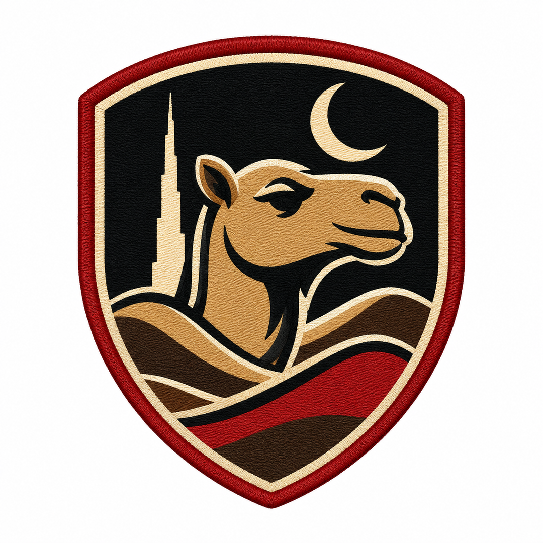 Desert Camel Shield embroidery patch featuring a camel silhouette over desert dunes on a shield-shaped crest | Hand Finished in Dubai | EmbroMania