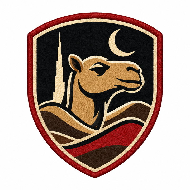 Desert Camel Shield embroidery patch featuring a camel silhouette over desert dunes on a shield-shaped crest | Hand Finished in Dubai | EmbroMania