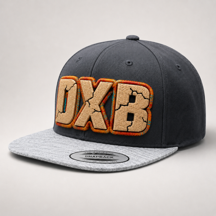 🔥 Desert Ember – Cracked 3D Puff · Beige fill · Orange red amber gold teal outline · Charcoal heather grey snapback | Hand Finished in Dubai | EmbroMania
