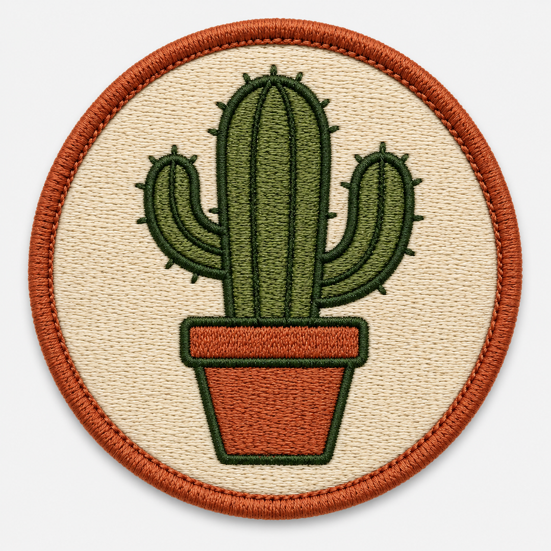 Desert Sage Cactus embroidery patch featuring a potted cactus silhouette in flat green and terracotta | Hand Finished in Dubai | EmbroMania