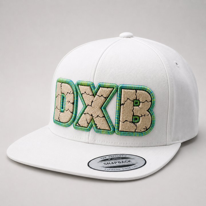 🏖️ Desert Shore – Cracked 3D Puff · Beige fill · Lime green yellow-green electric blue outline · All white structured snapback | Hand Finished in Dubai | EmbroMania