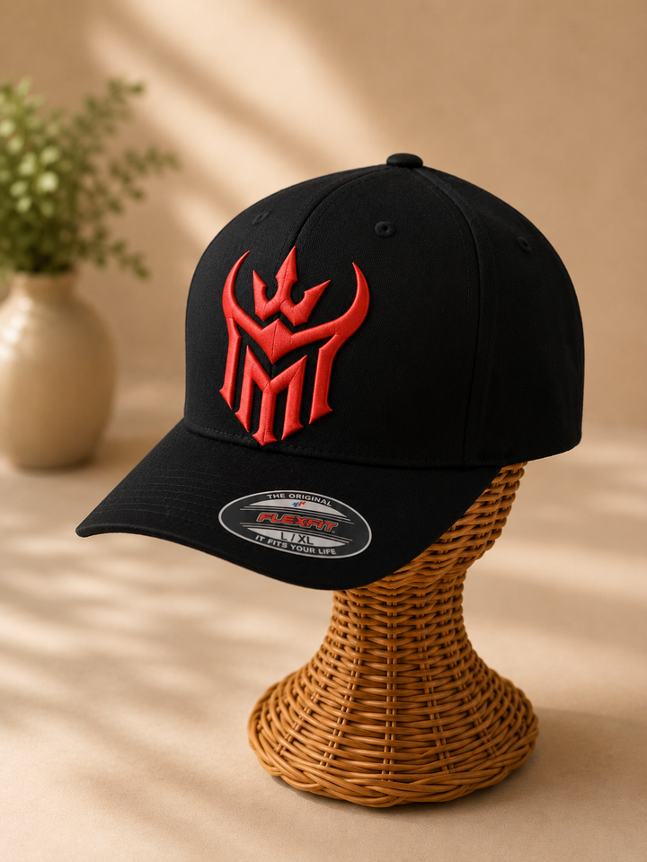 🔴🖤 Crimson Reign – Diablo Crown · Red puff · Black Solid Flexfit | Hand Finished in Dubai | EmbroMania