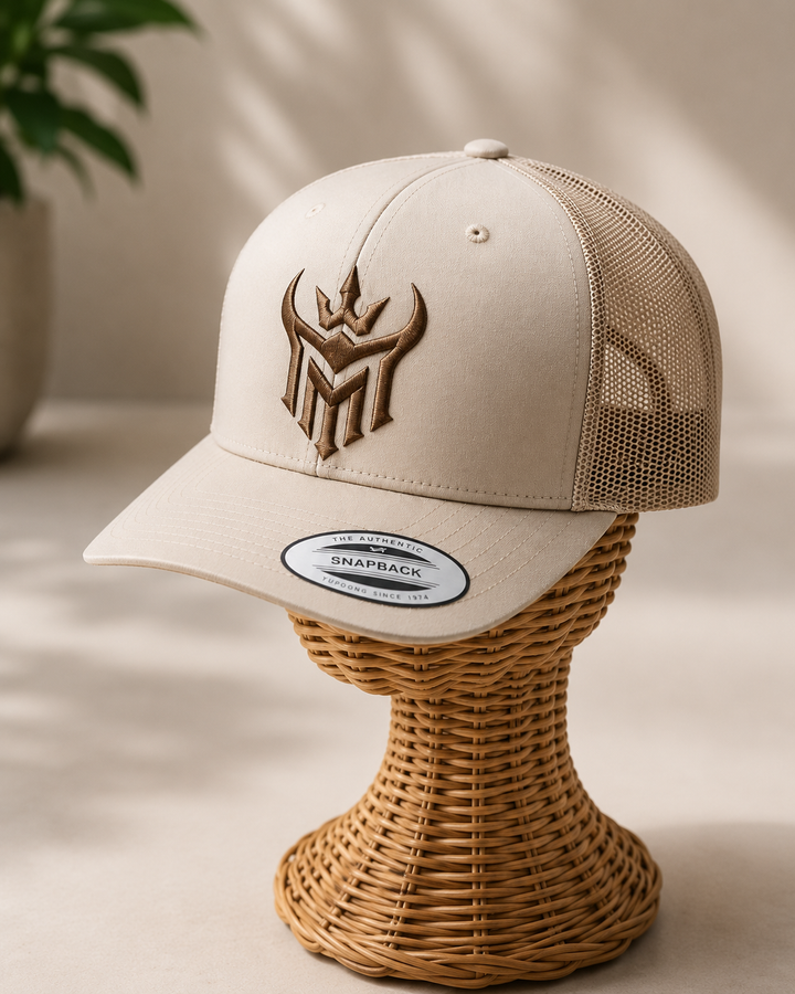 🟤🏜️ Desert Reign – Diablo Crown · Brown puff · Sand Beige Retro Trucker | Hand Finished in Dubai | EmbroMania