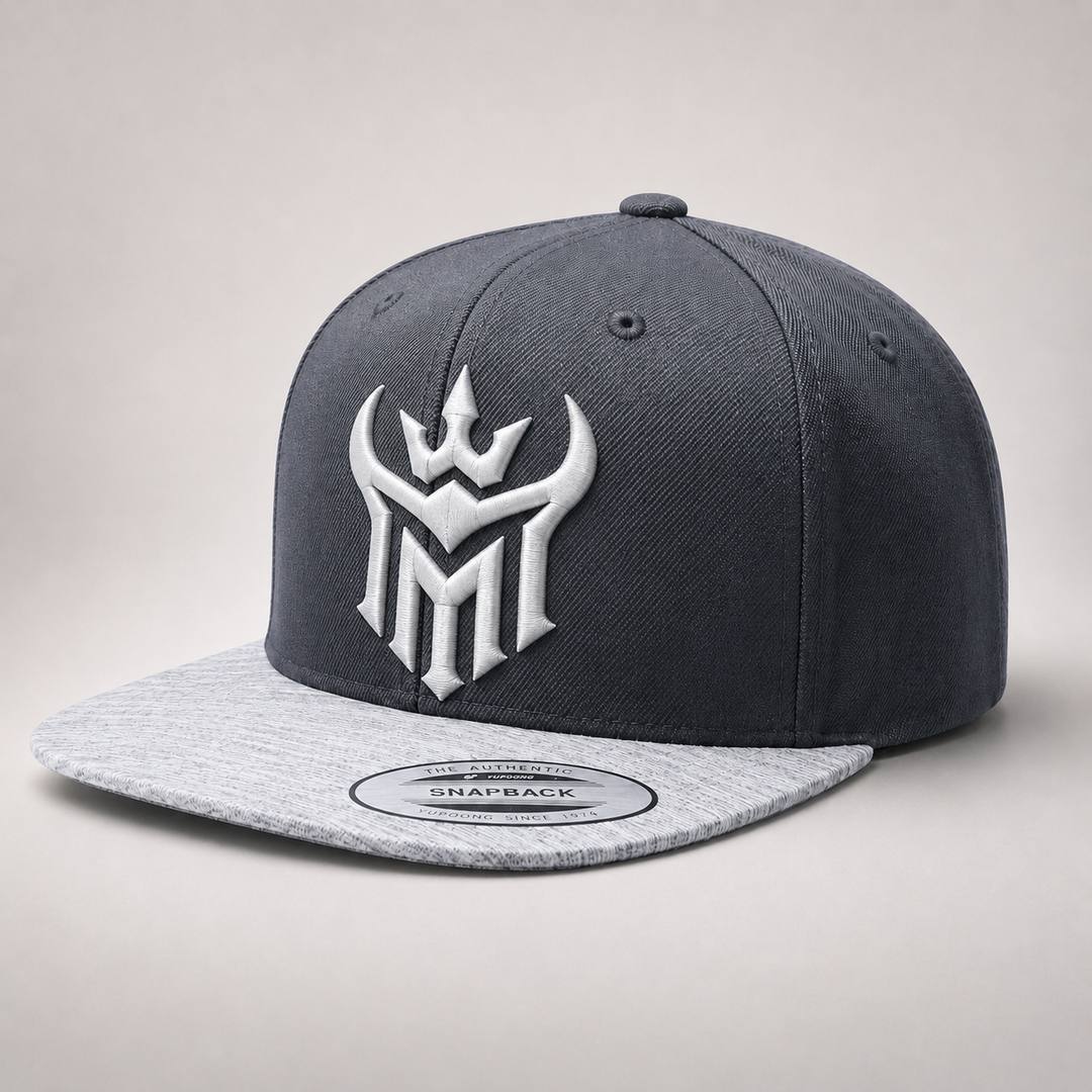 ❄️⚡ Frost Reign – Diablo Crown · White puff · Charcoal Heather Grey Snapback | Hand Finished in Dubai | EmbroMania