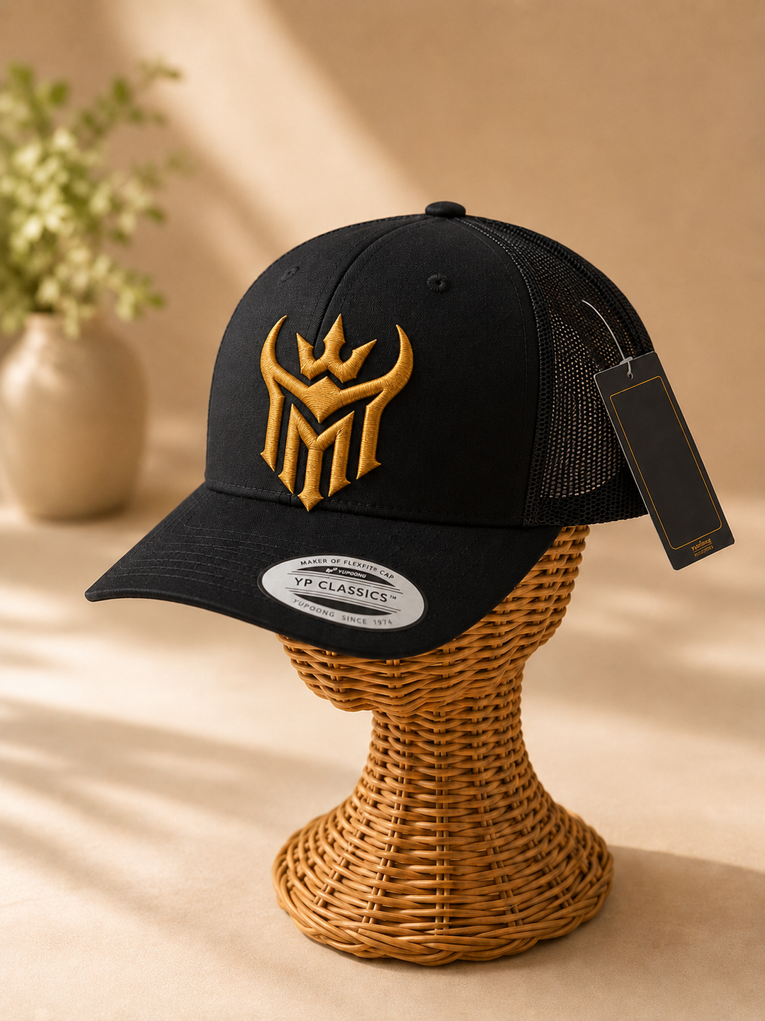 🥇👑 Golden Reign – Diablo Crown · Gold puff · Black Curved Trucker | Hand Finished in Dubai | EmbroMania