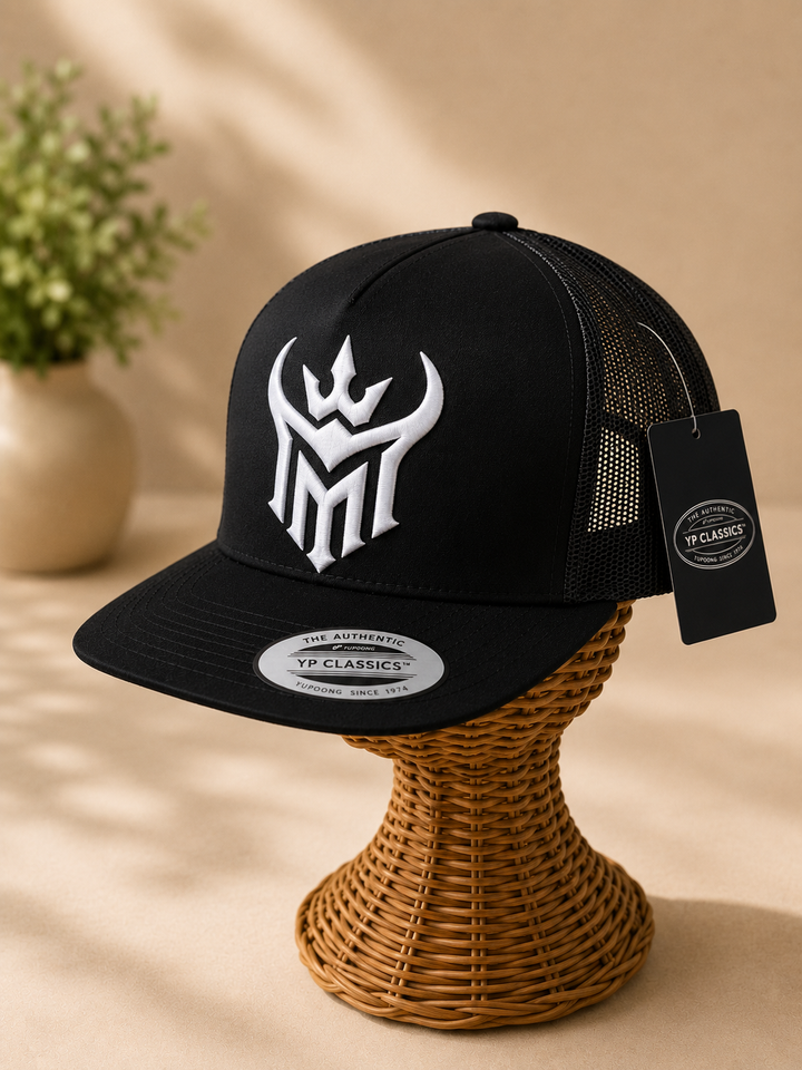 🤍🔥 Ivory Reign – Diablo Crown · White puff · Black Flat Trucker | Hand Finished in Dubai | EmbroMania