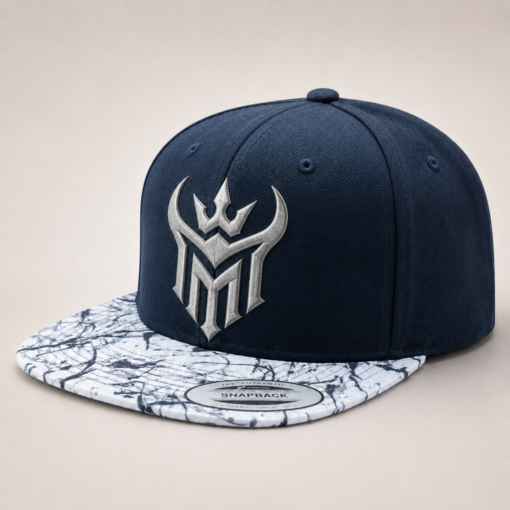 ⚔️🌌 Marble Reign – Diablo Crown · Silver puff · Navy Marble Brim Snapback | Hand Finished in Dubai | EmbroMania