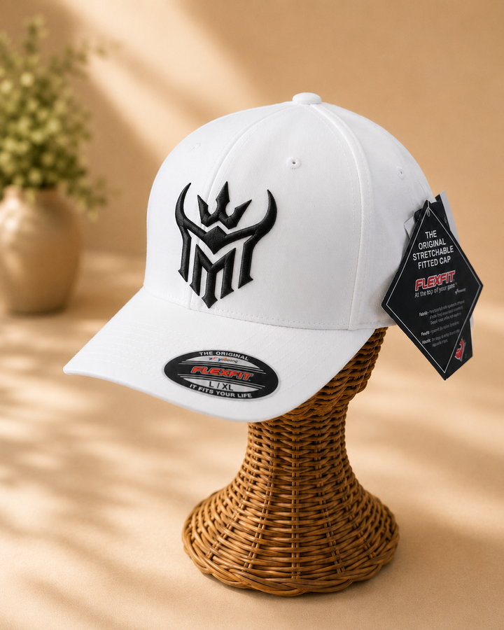 🖤⚡ Midnight Reign – Diablo Crown · Black puff · White Solid Flexfit | Hand Finished in Dubai | EmbroMania