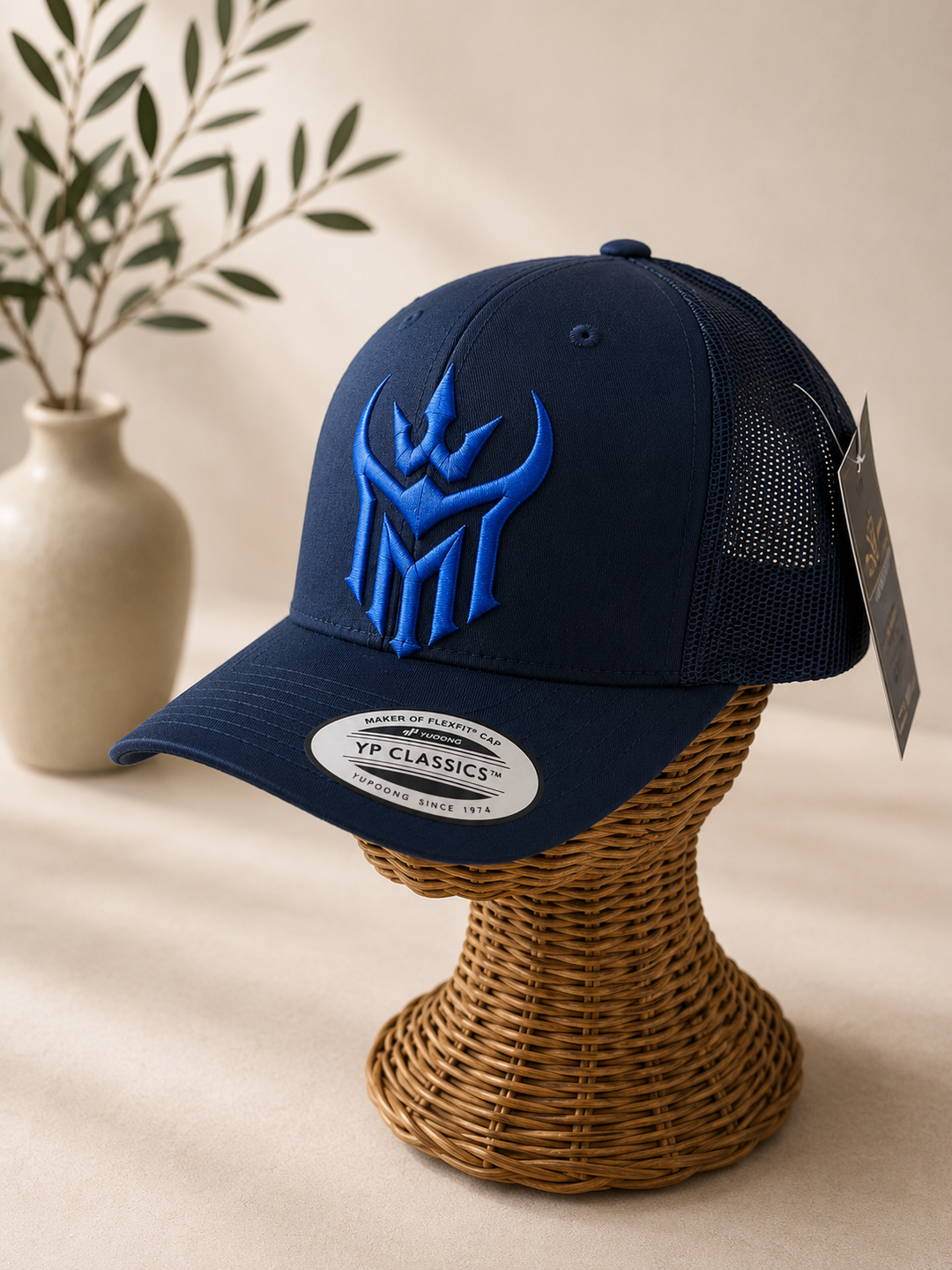 🔵⚔️ Sapphire Reign – Diablo Crown · Blue puff · Dark Navy Curved Trucker | Hand Finished in Dubai | EmbroMania