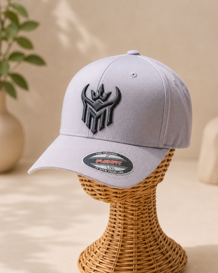 ⚫🌫️ Shadow Reign – Diablo Crown · Charcoal puff · Light Grey Flexfit Curved | Hand Finished in Dubai | EmbroMania