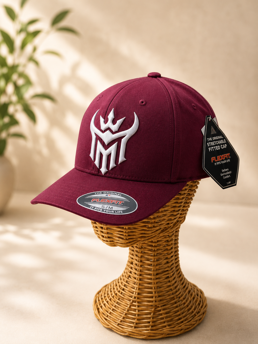 🤍🍷 Wine Reign – Diablo Crown · White puff · Burgundy Flexfit Curved | Hand Finished in Dubai | EmbroMania
