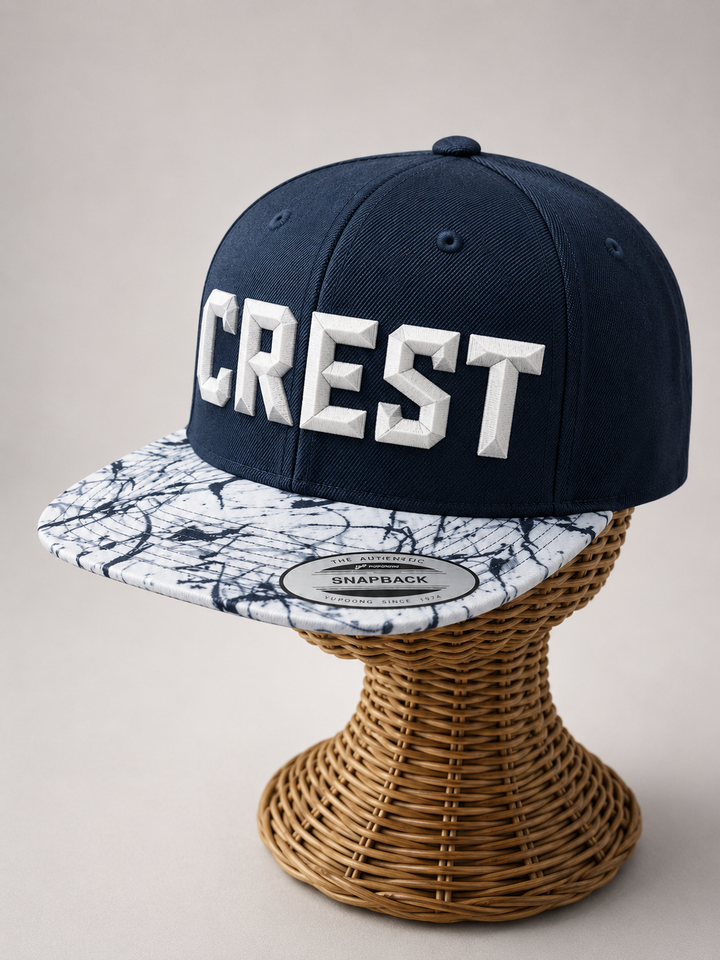 Arctic Marble – DiamondCut 3D Puff · White geometric faceted puff · Navy crown marble brim snapback | Hand Finished in Dubai | EmbroMania