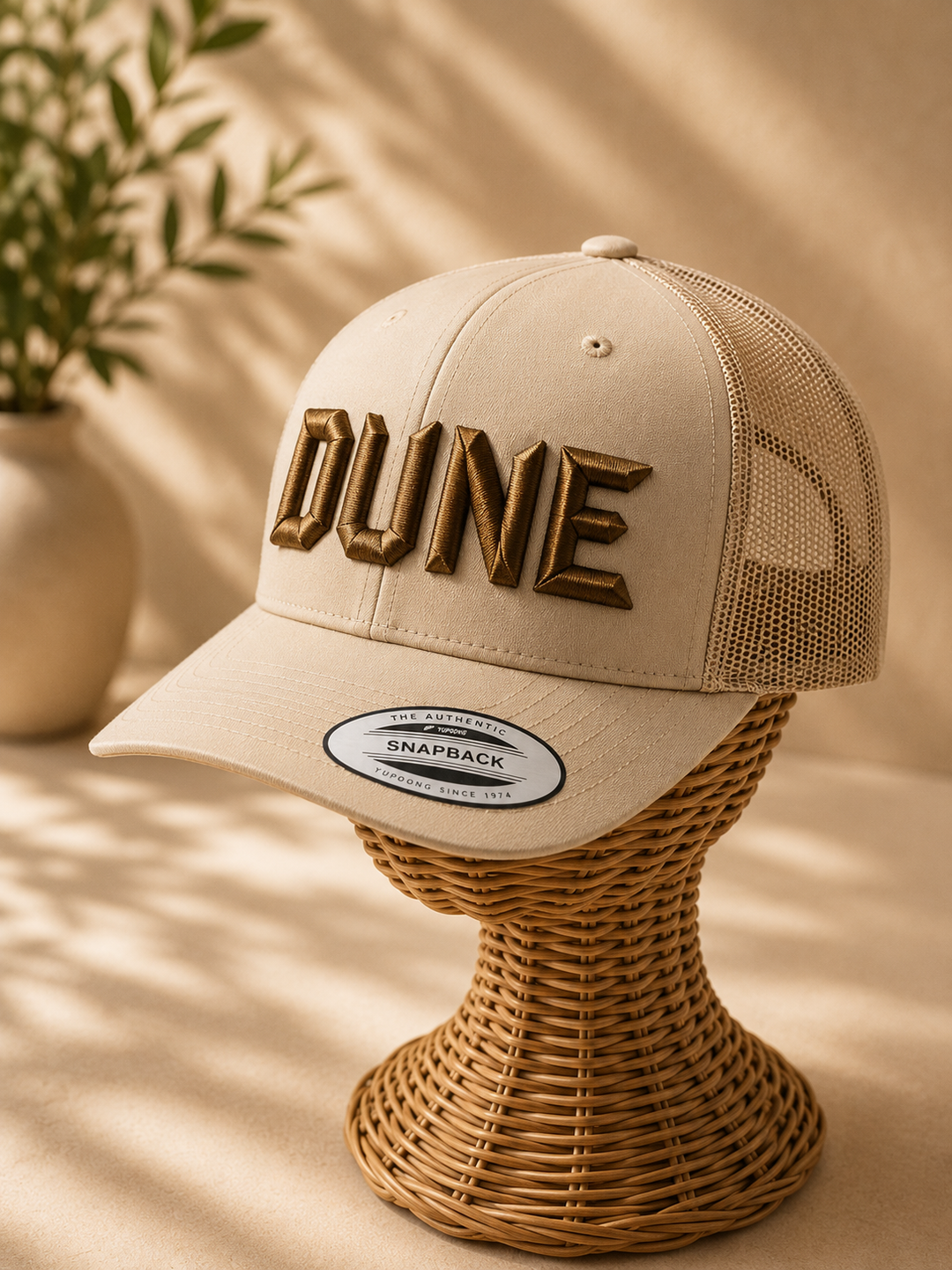 Bronze Dune – DiamondCut 3D Puff · Bronze geometric faceted puff · Sand beige retro trucker | Hand Finished in Dubai | EmbroMania