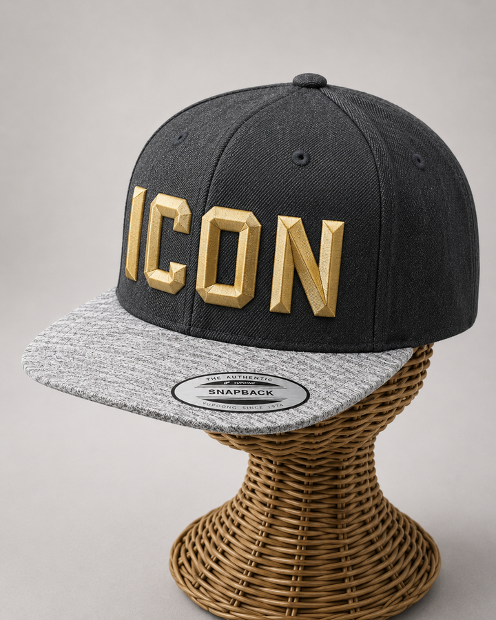 Charcoal Gold – DiamondCut 3D Puff · Gold geometric faceted puff · Charcoal heather grey snapback | Hand Finished in Dubai | EmbroMania