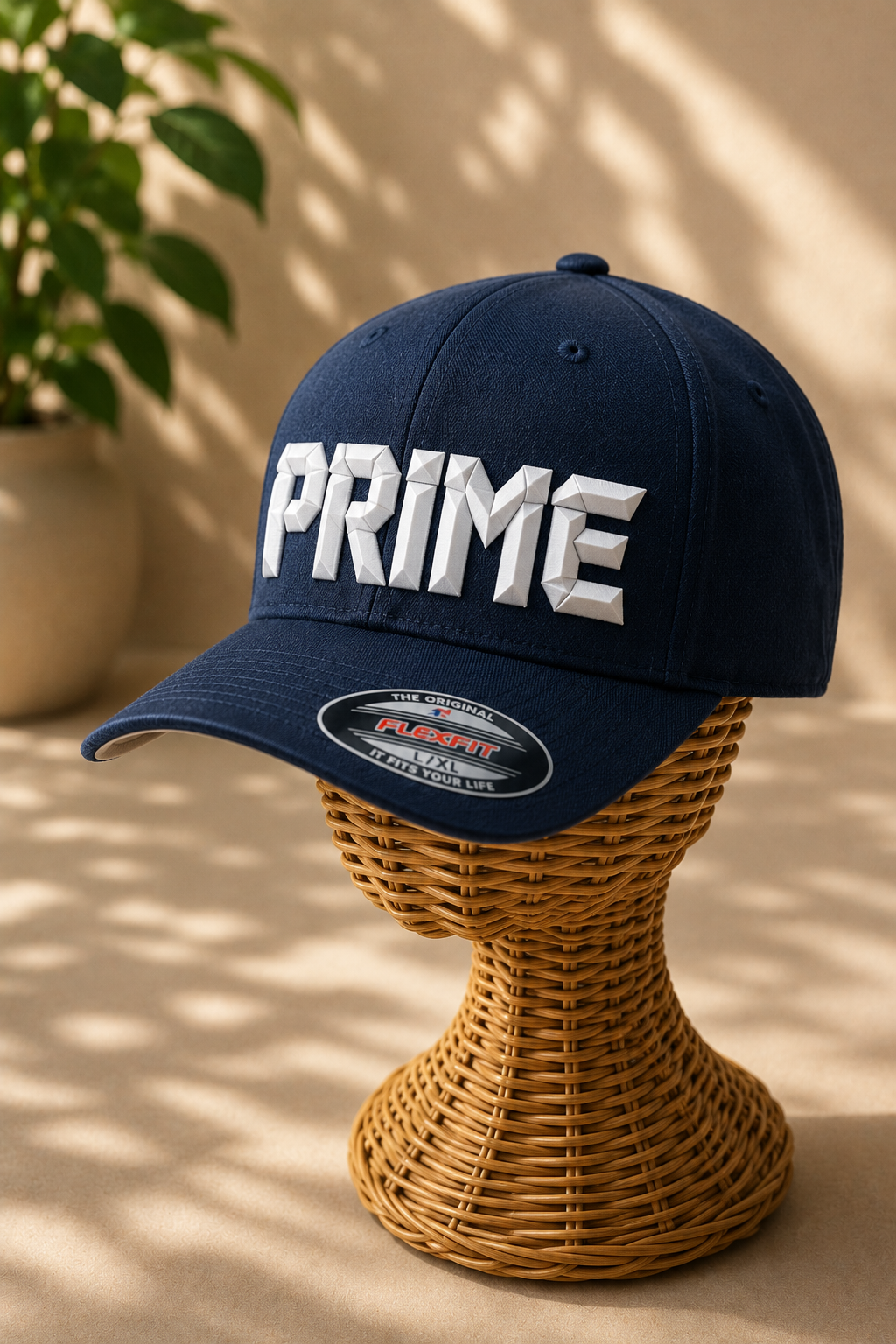Crystal Navy – DiamondCut 3D Puff · White geometric faceted puff · Navy Flexfit fitted | Hand Finished in Dubai | EmbroMania