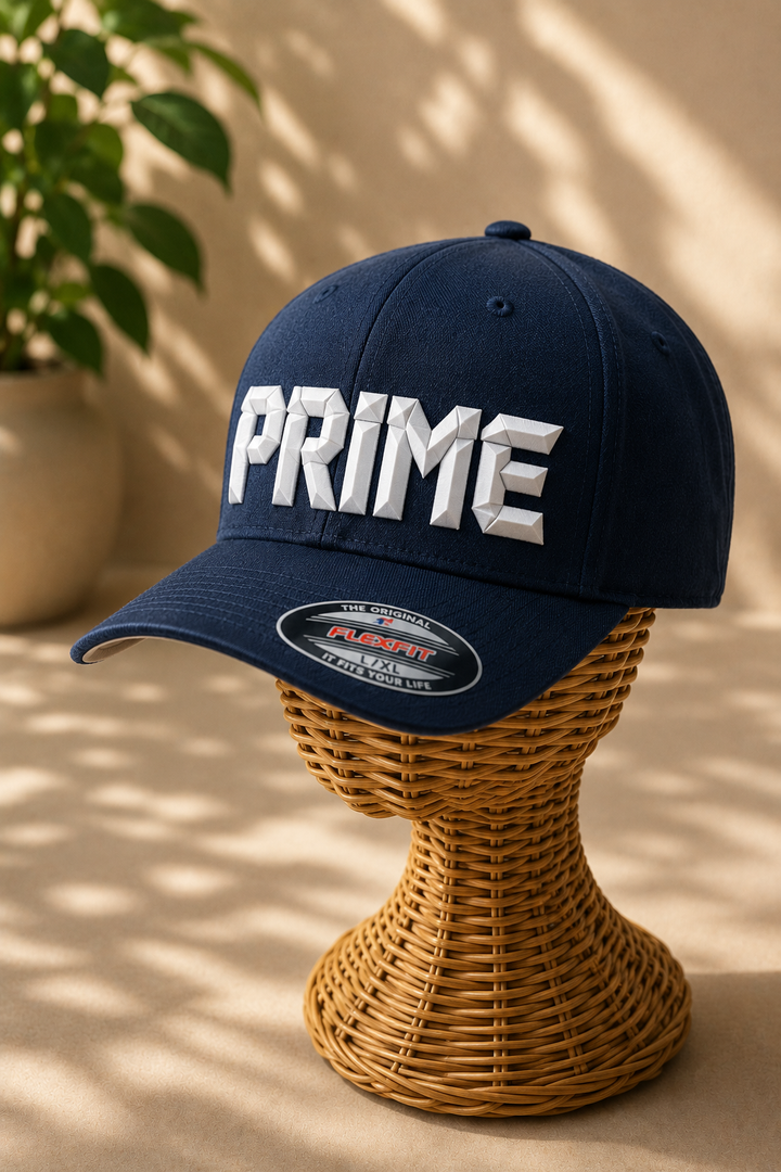 Crystal Navy – DiamondCut 3D Puff · White geometric faceted puff · Navy Flexfit fitted | Hand Finished in Dubai | EmbroMania