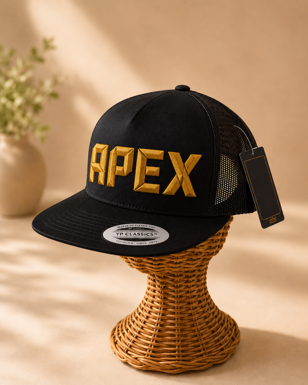 Gold Strike – DiamondCut 3D Puff · Gold geometric faceted puff · Black flat trucker | Hand Finished in Dubai | EmbroMania