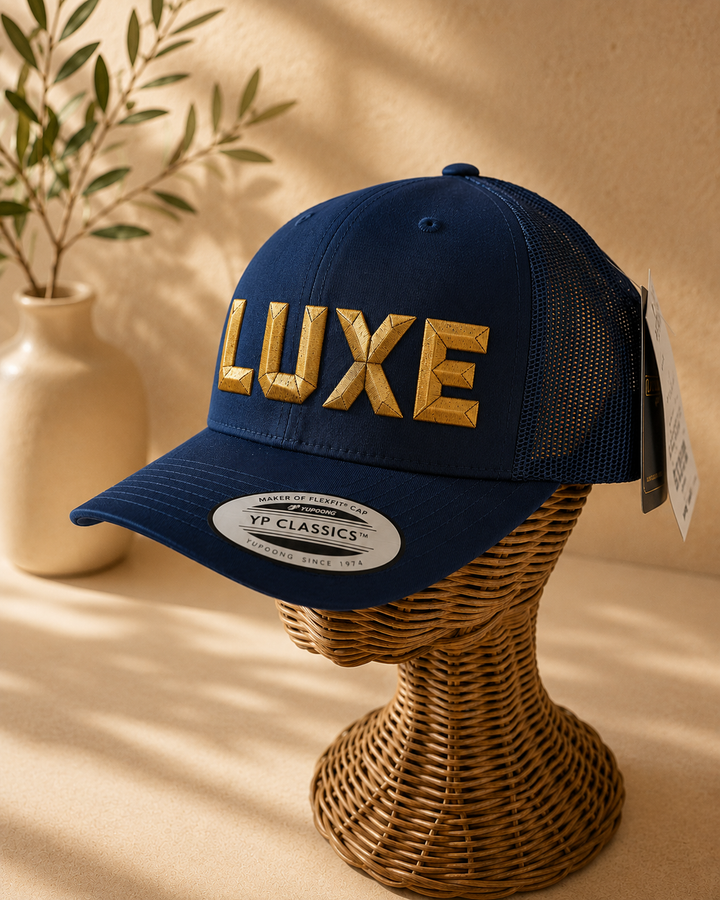 Midnight Luxe – DiamondCut 3D Puff · Gold geometric faceted puff · Dark navy curved trucker | Hand Finished in Dubai | EmbroMania