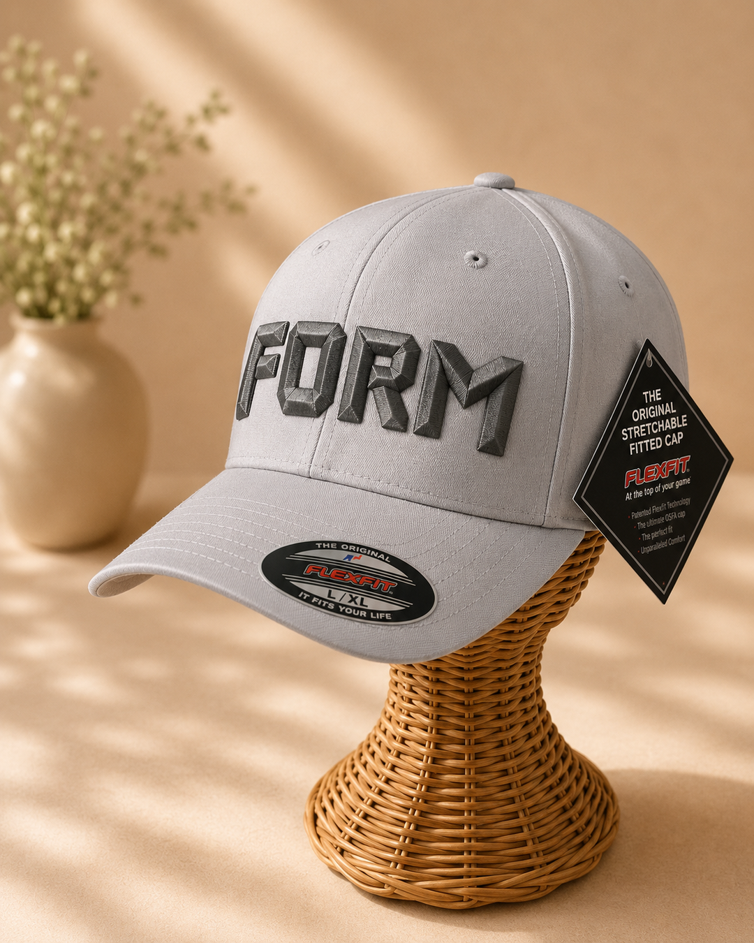 Pewter – DiamondCut 3D Puff · Gunmetal geometric faceted puff · Light grey Flexfit | Hand Finished in Dubai | EmbroMania