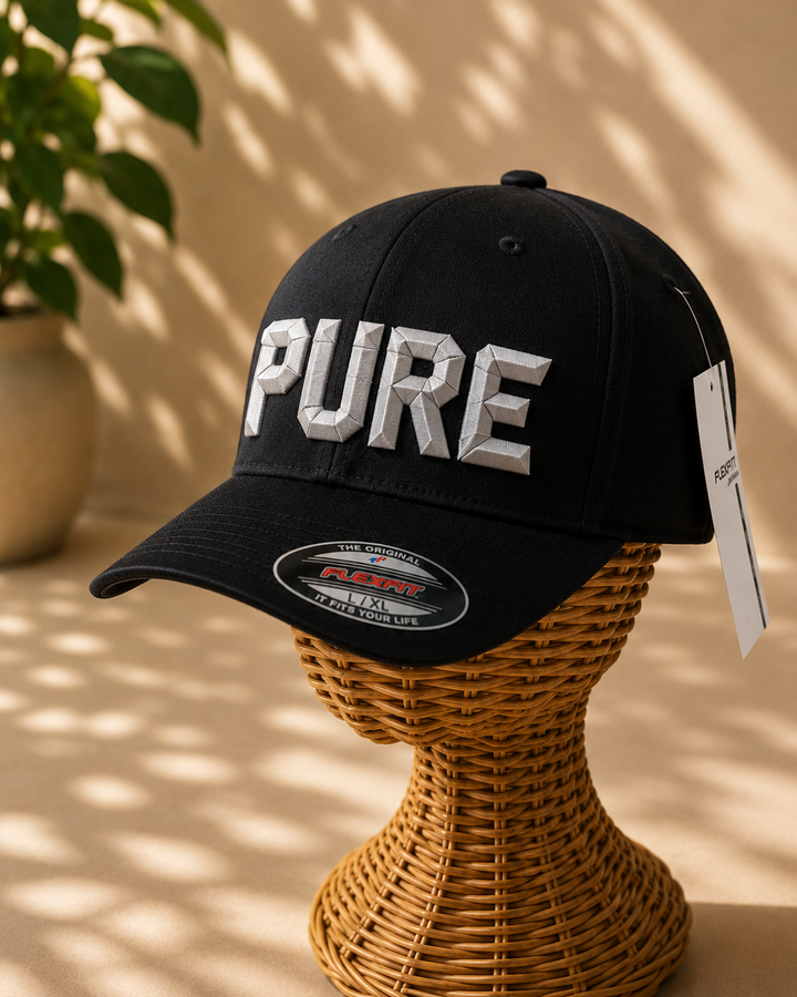 Silver Noir – DiamondCut 3D Puff · Silver geometric faceted puff · Black Solid Flexfit | Hand Finished in Dubai | EmbroMania