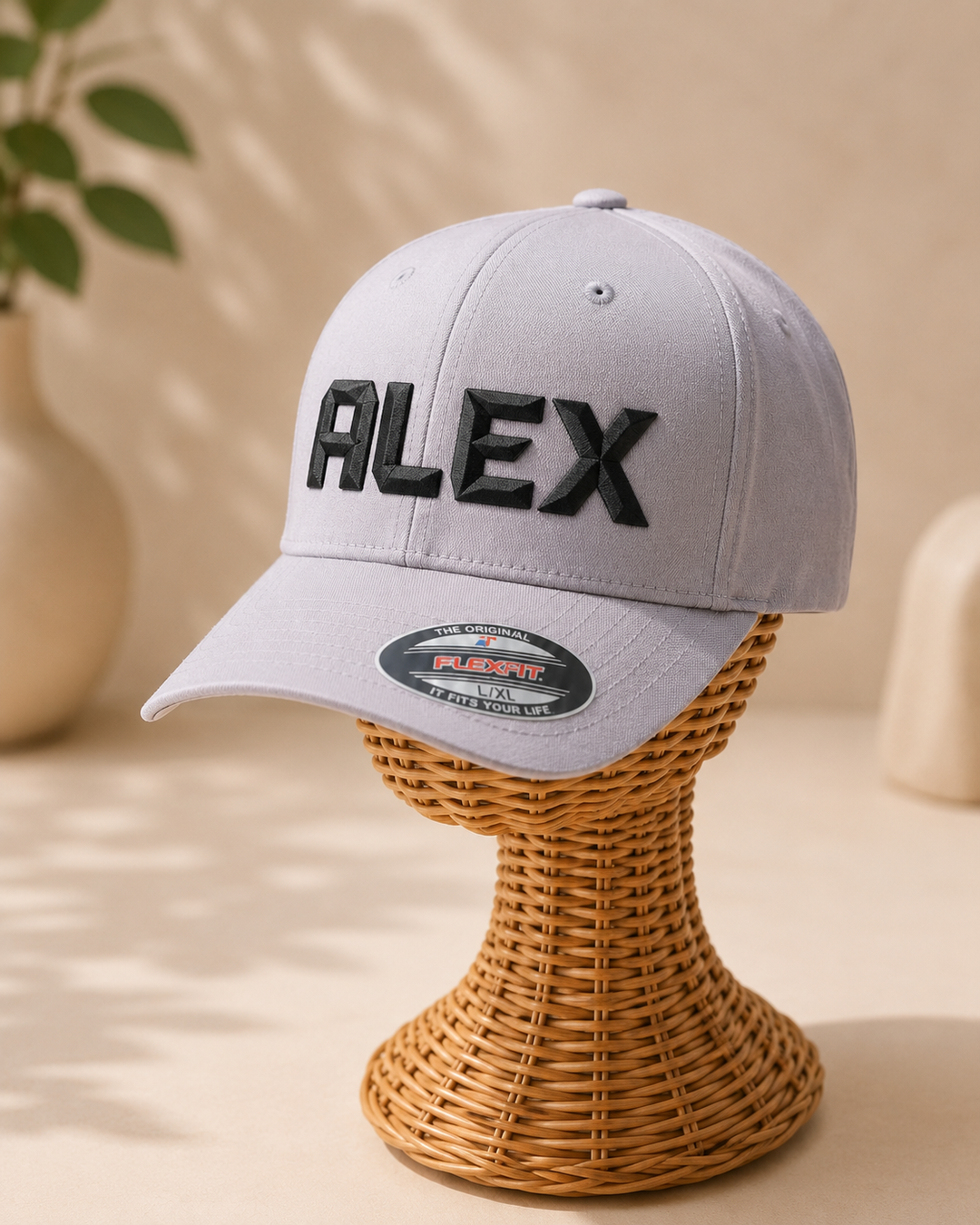 DiamondCut geometric faceted embroidery spelling ALEX in Crystal Lavender — lavender 6-panel cap with black 3D puff