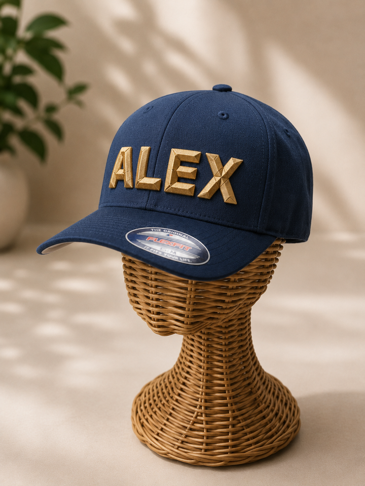 DiamondCut geometric faceted embroidery spelling ALEX in Midnight Gem — navy 6-panel cap with gold 3D puff