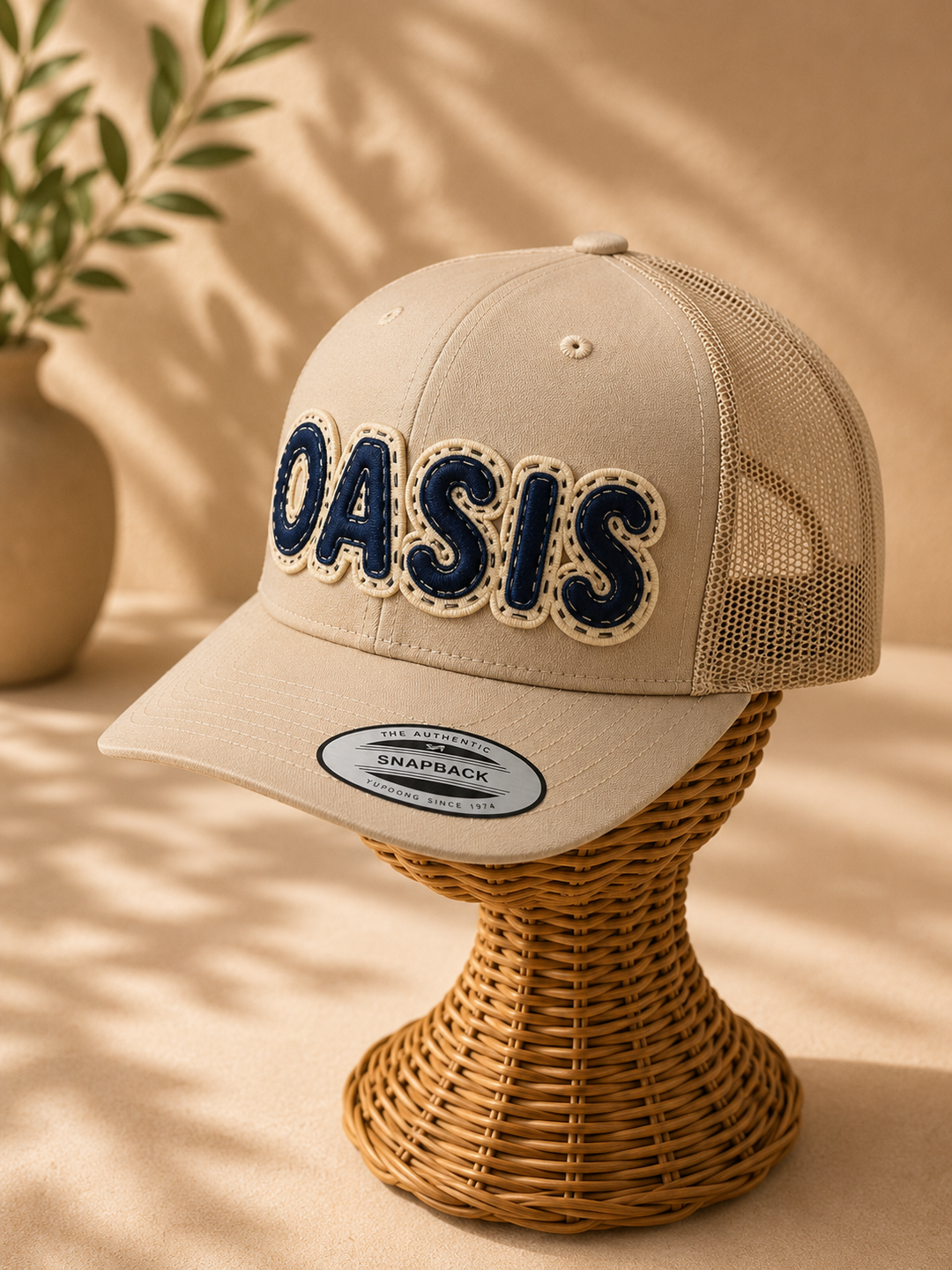Desert Dusk – DoubleLayer Pop · Navy letter · Cream border · Sand beige retro trucker | Hand Finished in Dubai | EmbroMania