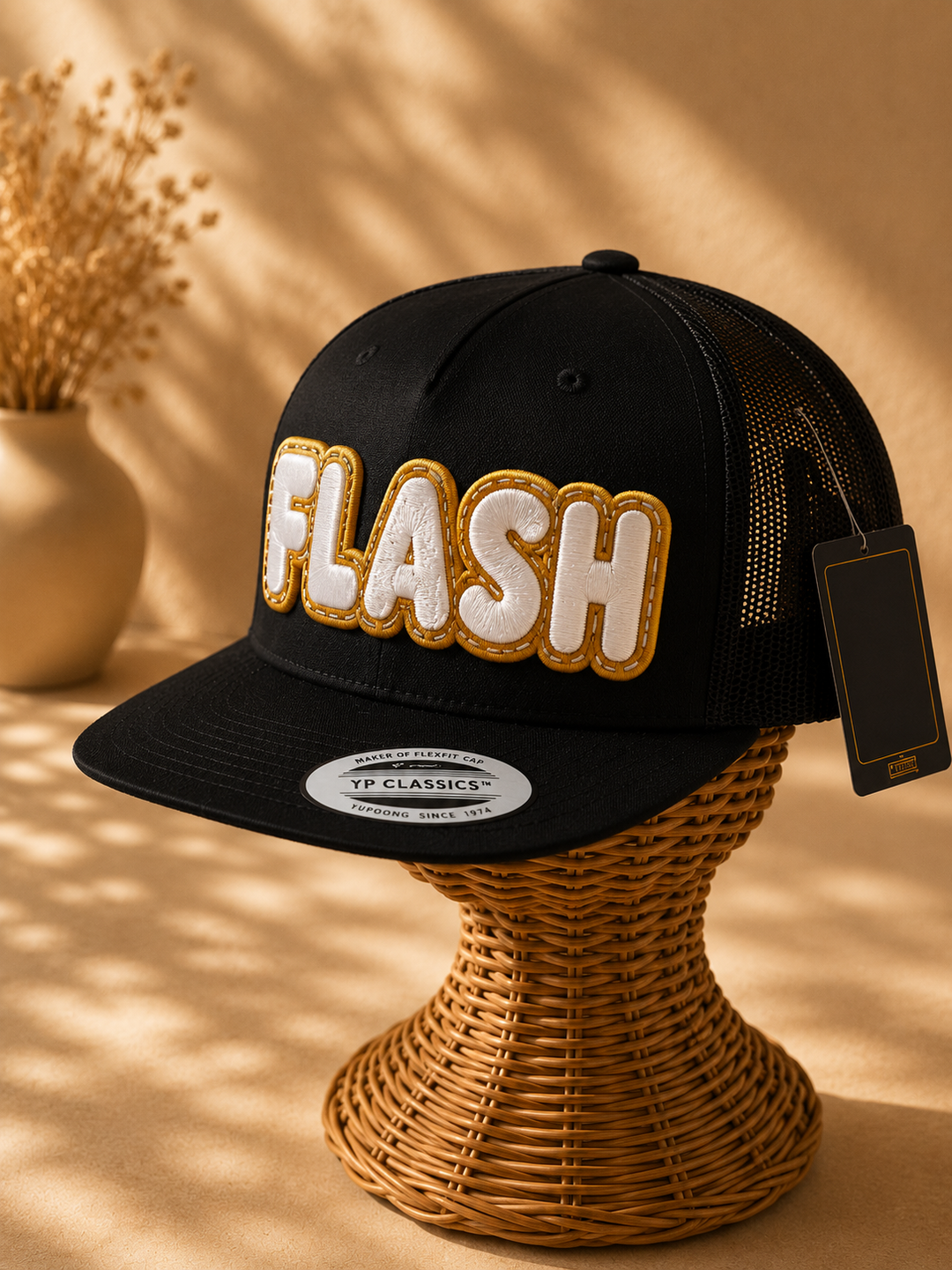 Gold Edge – DoubleLayer Pop · White letter · Gold border · Black flat trucker | Hand Finished in Dubai | EmbroMania