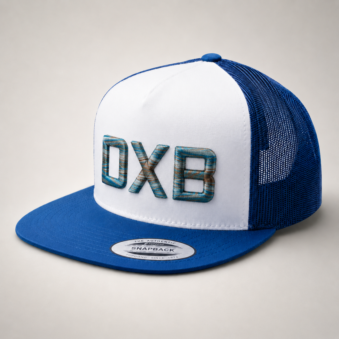 🌊 Driftwood – Metro Block 3D Puff · Steel blue teal brown beige · Royal blue white flat trucker | Hand Finished in Dubai | EmbroMania