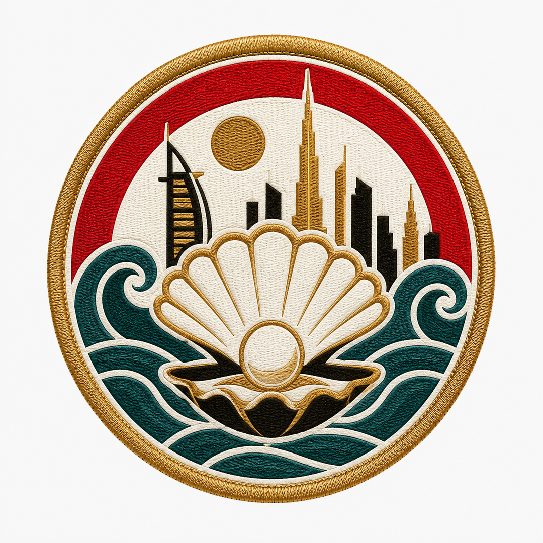 Dubai Pearl Harbor Crest embroidery patch featuring a pearl and shell motif over the Dubai skyline and waves | Hand Finished in Dubai | EmbroMania