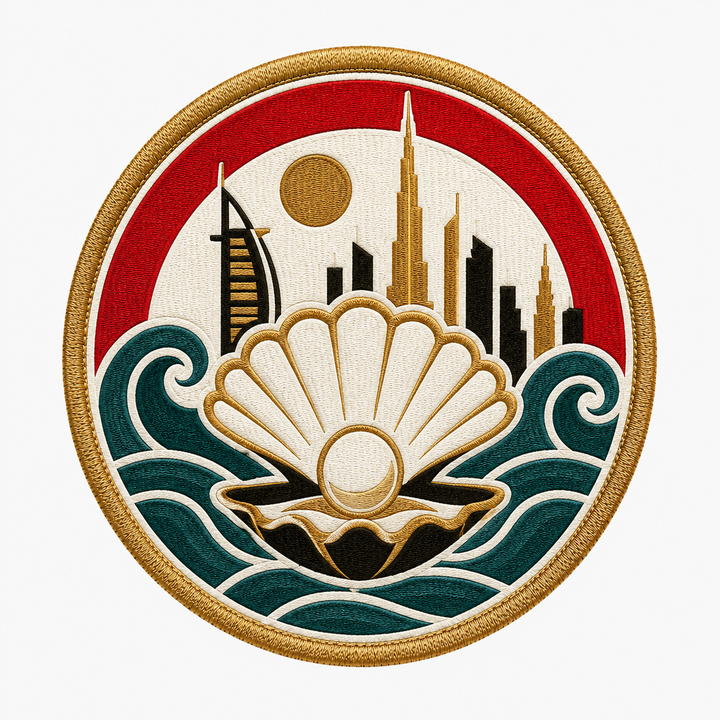 Dubai Pearl Harbor Crest embroidery patch featuring a pearl and shell motif over the Dubai skyline and waves | Hand Finished in Dubai | EmbroMania