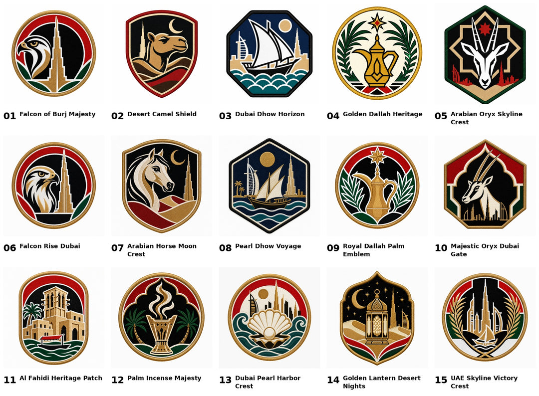 A grid of 15 military-style crest emblems with Arabic labels, shown on a white background. Each crest has a different emblematic design such as a falcon, camel, ship, camel skull, horse, mosque, and skyline motifs.