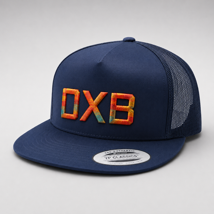 🌅 Ember – Metro Block 3D Puff · Orange red amber gold teal · Dark navy flat trucker | Hand Finished in Dubai | EmbroMania