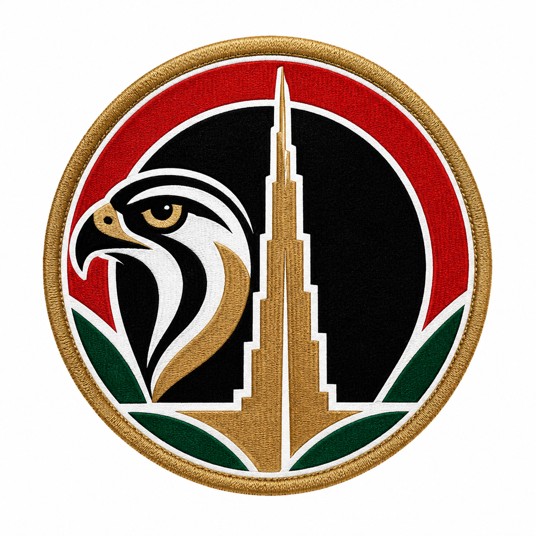 Falcon of Burj Majesty embroidery patch featuring a falcon head silhouette layered over the Burj Khalifa skyline in red, black, and gold | Hand Finished in Dubai | EmbroMania
